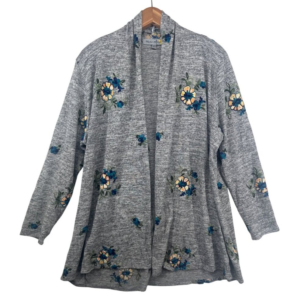 Figueroa & Flower Women Cardigan Sz L Gray Floral Embroidered Boho Fairy Cottage